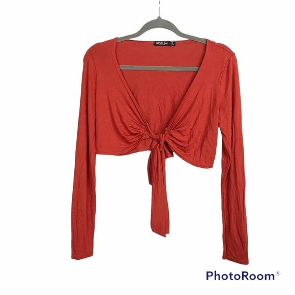 Nasty Gal dark red orange long sleeve tie front crop top - Picture 1 of 5